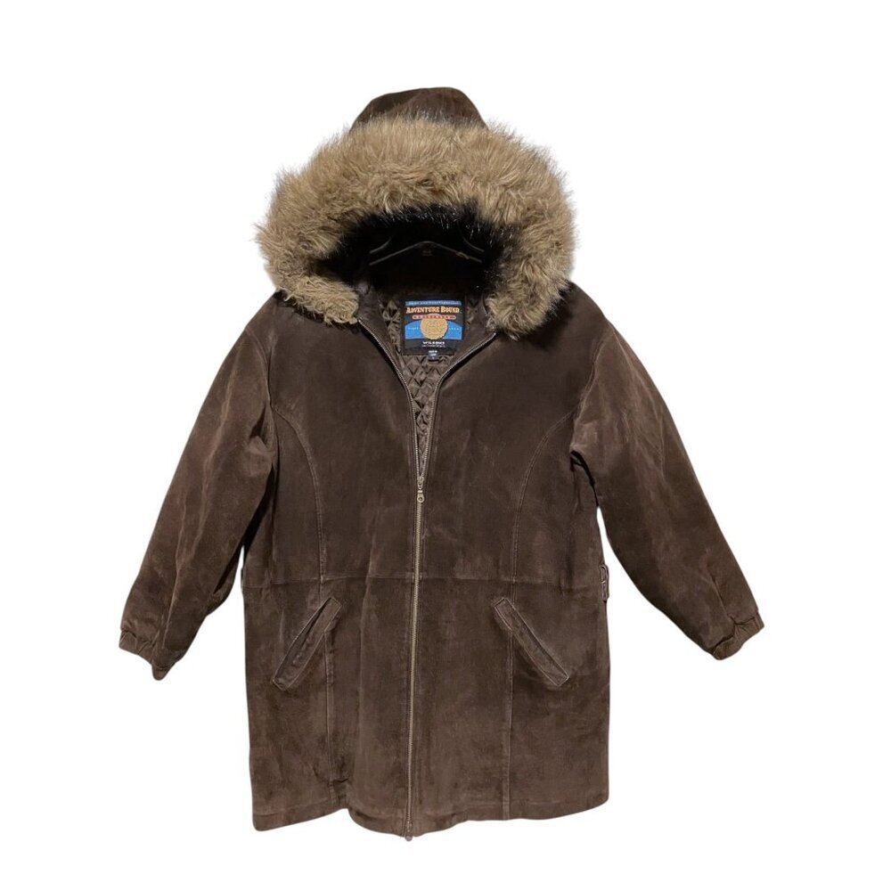 Vintage Wilsons Adventure Bound Mens Suede Coat L Faux Fur Trim Hood Heavy Chore